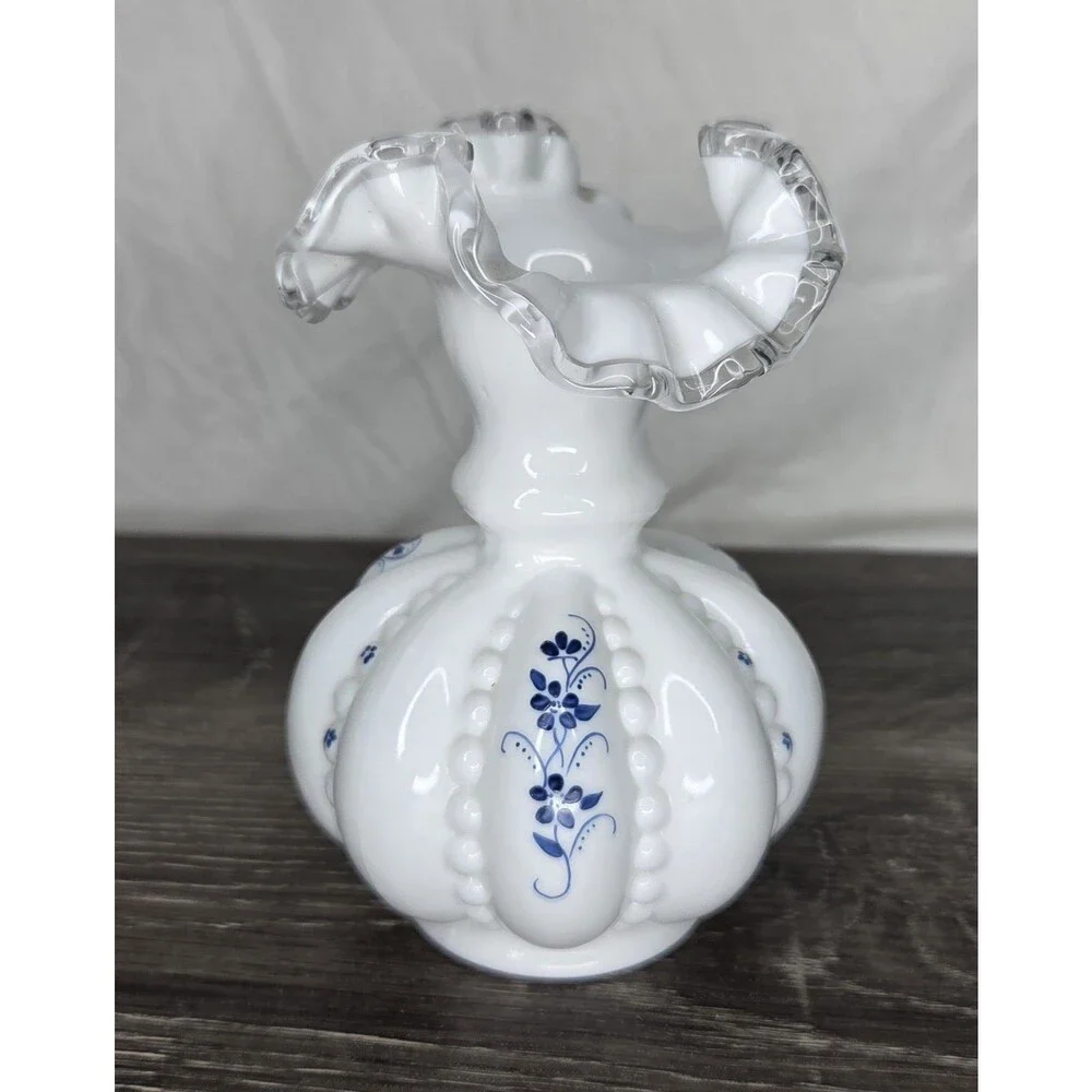 Fenton Elizabeth Silver Crest Beaded Melon Vase Blue Flowers 6